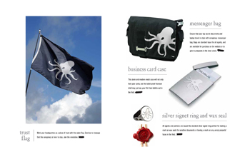 Bags, flags, business card cases and signet rings branded with the octopus logo mark