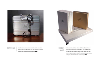 Branded attache cases with handcuffs for portfolios and book style mailers with dossiers for marketing collateral branded with the octopus mark