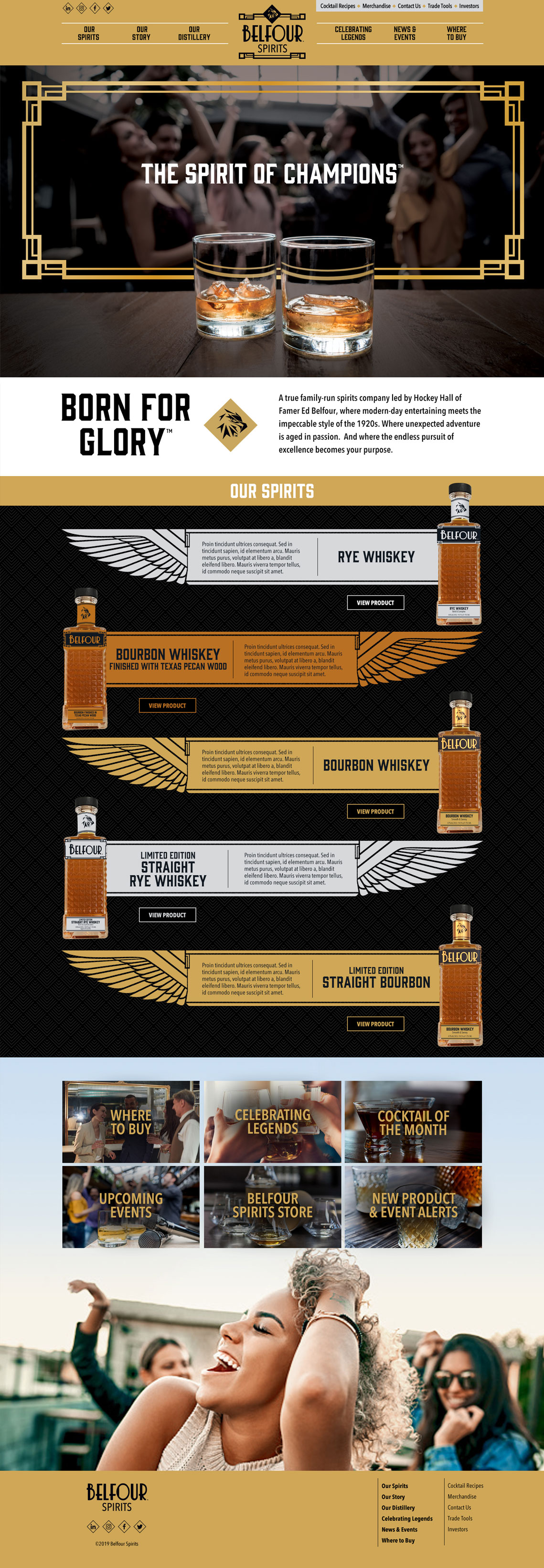 Home page of website featuring images of young adults dancing and enjoying whiskey with excerpts of product description and product shots