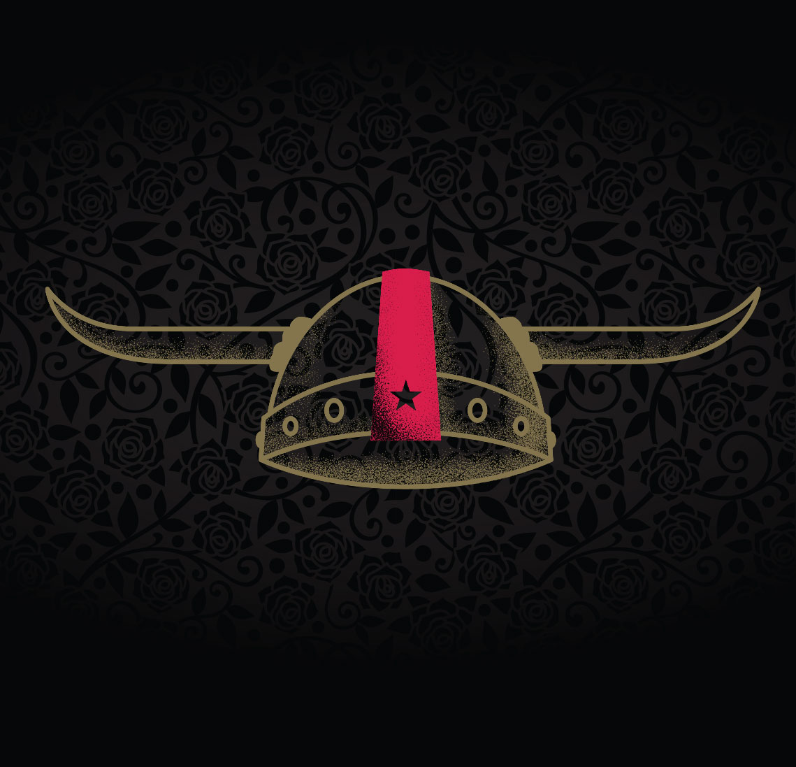 Viking helmet with long horns and a single star on a black rose textured background