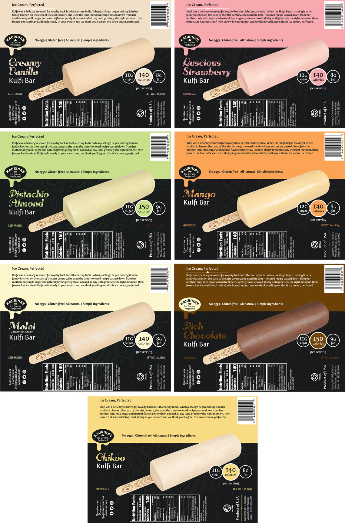 Individual wraps for vanilla, strawberry, pistachio almond, mango, malai, chocolate and chikoo