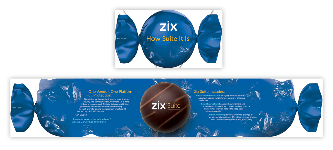 Outside and inside of direct mail featuring an unwrapping chocolate bon bon and the benefits of Zix Suite