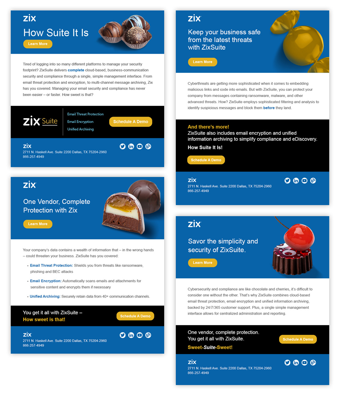 Outside and inside of direct mail featuring a box of chocolates with information about Zix Suite.