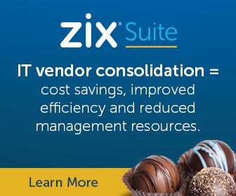Outside and inside of direct mail featuring a box of chocolates with information about Zix Suite.