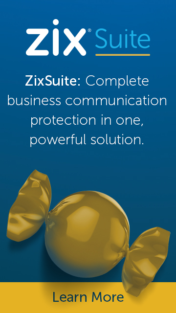 Outside and inside of direct mail featuring a box of chocolates with information about Zix Suite.