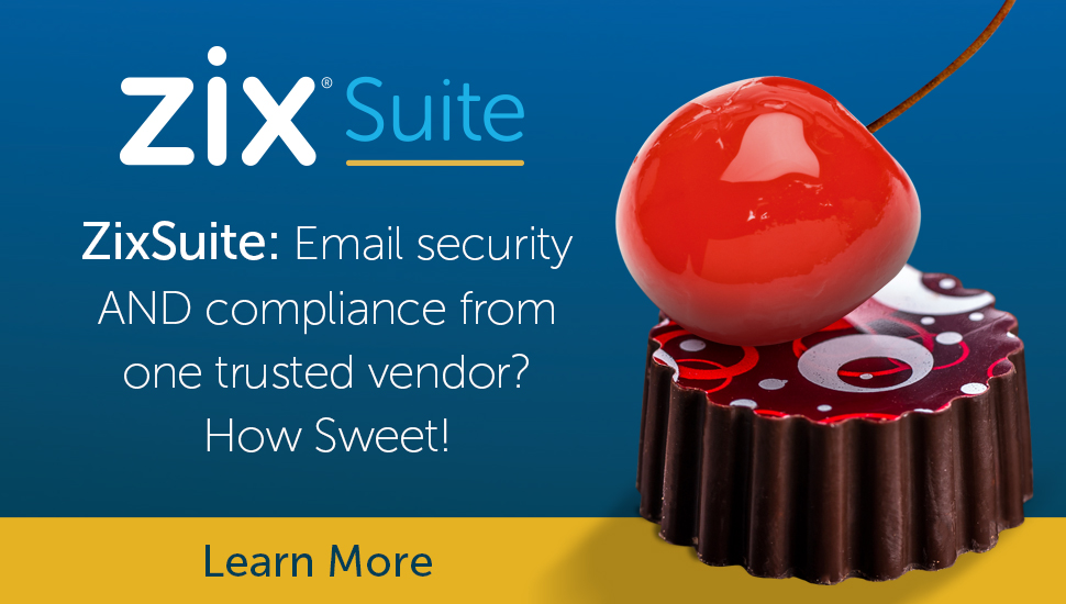 Outside and inside of direct mail featuring a box of chocolates with information about Zix Suite.